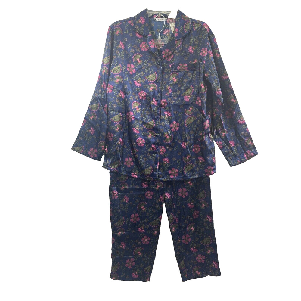 Secret Treasures Pajamas Women Small Blue Pink Floral Satin Top & Bottoms